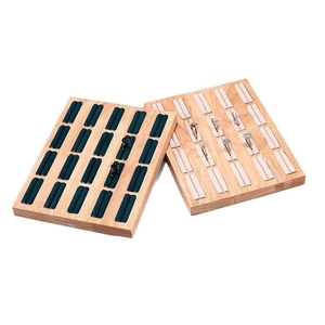 Dual wooden jewelry display trays with velvet lining for rings and earrings