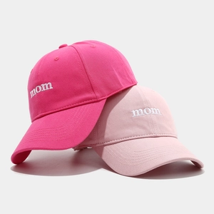 Pink and rose red cotton baseball caps with mom embroidery in a minimalist style