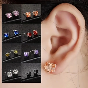 Detailed view of 8mm square cubic zirconia earrings in eight colors with 4-prong setting