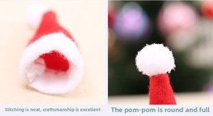 Close-up of mini red Christmas hats showing neat stitching and soft white pompoms