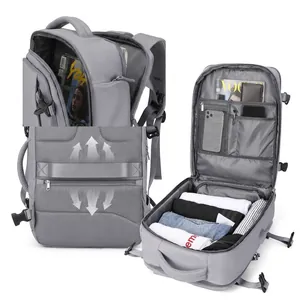 Detail view of large capacity grey travel backpack with 14 inch laptop compartment