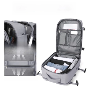 Detail view of large capacity grey travel backpack with 14 inch laptop compartment