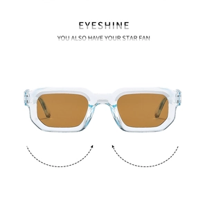Macro shot of transparent blue frames and amber lenses on stylish square sunglasses
