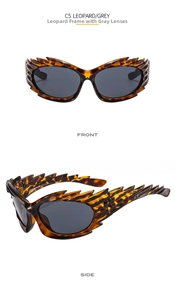 Detailed front and side views of leopard print sunglasses with grey lenses and flame frame