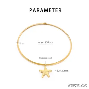Detail view of a 32mm starfish pendant on a 4mm gold stainless steel choker necklace