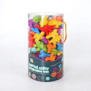 Rainbow dinosaur counting toy set with 48 pieces in a portable storage cylinder