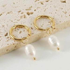 Baroque Freshwater Pearl Hoop Earrings 18K Gold Plated Stainless Steel Irregular Geometric Retro Ins Style Women