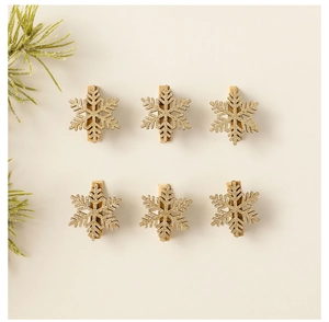 Set of 6 wooden snowflake clips with golden glitter finish for Christmas hair decoration