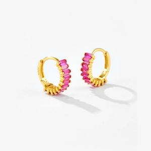 Detailed close-up of S925 sterling silver earrings with pink rectangular zircon stones
