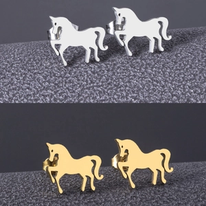 Detail view of cute pony-shaped stud earrings in polished gold and silver finishes