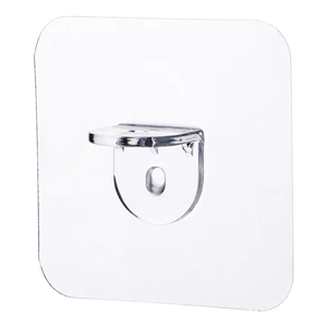 Transparent self-adhesive shelf support bracket with L-shaped plastic holder peg