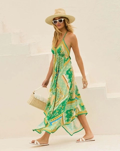 Detail of vintage Bohemian floral print on V-neck tiered maxi dress with elastic waist