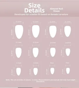 Size chart showing 12 dimensions for almond shaped press-on nails in a 24-piece set