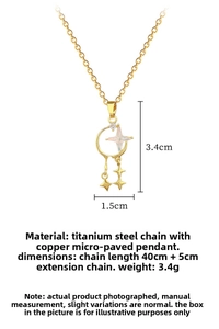 Detail of gold star and crescent pendant featuring sparkling zircon micro-inlay on chain
