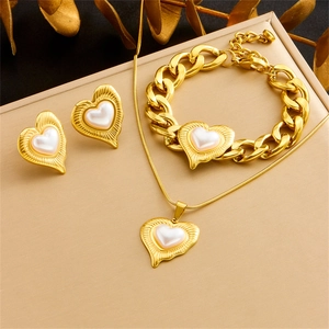 Heart Artificial Pearl Necklace Bracelet Stud Earrings Stainless Steel Gold Plated Mother Of Artificial Pearl Inlay Vintage Elegant Jewelry For Women