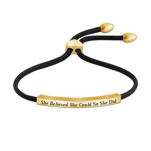 Inspirational She Believed She Could So She Did Bracelet Stainless Steel Bar Black Braided Rope Adjustable Heart Slide