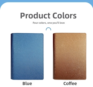 Detailed view of cross-pattern PU leather passport holder with neat stitching in blue and brown