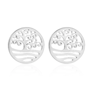 Bohemian silver Tree of Life stud earrings in polished stainless steel on white background