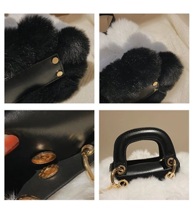 Detailed view of plush patchwork handbag with faux fur, magnetic clasp and metal studs