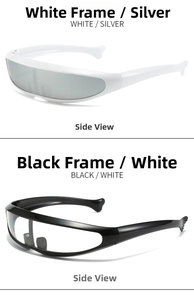 Side view of futuristic wrap-around sports sunglasses in white and black frames