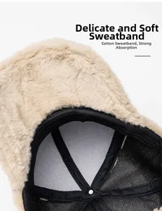 Close-up of winter plush baseball cap featuring a soft cotton sweatband and inner lining