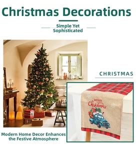 Close-up of Christmas table runner with blue vintage truck and red black plaid patterns