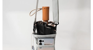 Close-up of gray mesh water bottle carrier with adjustable shoulder strap and phone pocket