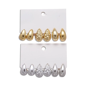Set of 6 pairs minimalist teardrop stud earrings in polished gold and silver finishes