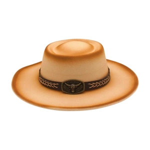 Chapeau jazz en laine à large bord dégradé camel avec boucle tête de taureau et cuir
