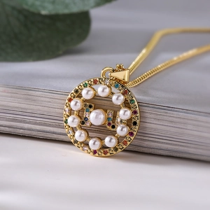 18K gold plated tree of life necklace with round pearl and colorful zircon pendant