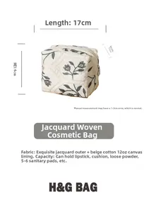 Detail view of cotton floral jacquard makeup bag with 17x11x14cm size dimensions