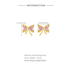 Detail view of S925 silver bow earrings with pink heart zircon and size dimensions