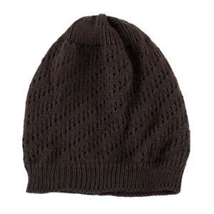 Close-up of deep brown hollow mesh knit pattern and ribbed edge on a warm beanie
