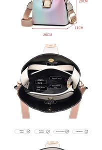 Internal compartments and dimensions of the gradient bucket bag with detailed measurements