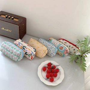 Set of six floral and plaid fabric pencil cases for student stationary and makeup