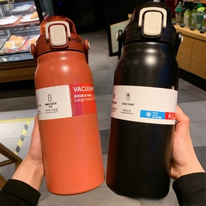 Detail of insulated stainless steel bottles with carry loops and one-click lids