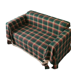 Classic red and green plaid multi-purpose sofa cover blanket with white fringe edges
