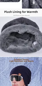 Detail of warm winter knit hat with soft fleece lining and outdoor goggles on top