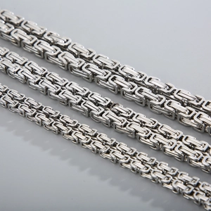 Three sizes of silver Byzantine chains in polished stainless steel for men