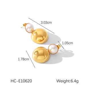 Detailed dimensions of 18k gold stainless steel earrings with white pearl pendants