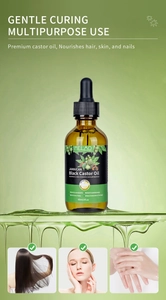 Detailed infographic of 60ml Jamaican Black Castor Oil for hair, face, and nails care