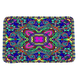 Detailed view of bohemian mandala pattern on a rectangular absorbent flannel bath mat