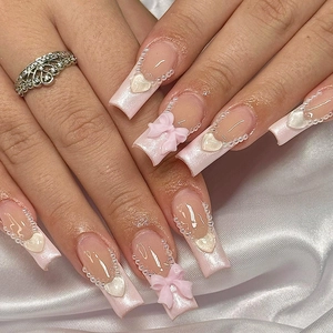 Long Square French Press On Nails Pink Artificial Pearl 3D Bow Heart Rhinestone Luxury Handmade Fake Nails Women