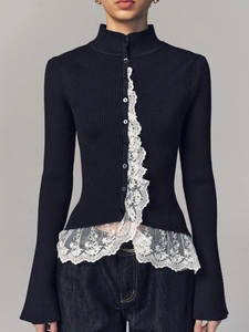 Women Knitted Cardigan Lace Trim Ribbed Long Sleeve Button Up French Style Slim Fit Elegant Top