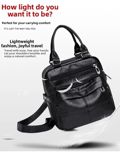 Detail view of multi-pocket soft leather backpack with lightweight feather visual display