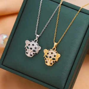 Hip Hop Leopard Head Titanium Steel Necklace For Women Fashion Zirconia Pendant Gold Silver Plated Jewelry Accessories
