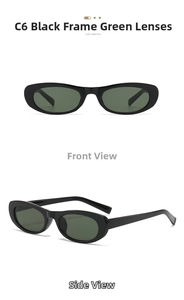 Front and side views of C6 narrow oval sunglasses with black frames and green lenses