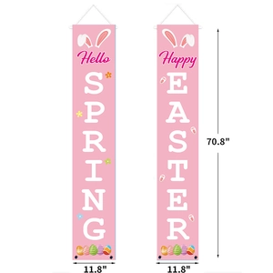 Set of two pink Easter porch banners with Hello Spring and Happy Easter signs