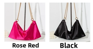 Detailed comparison of pink and black satin tote bags with golden metal chain straps