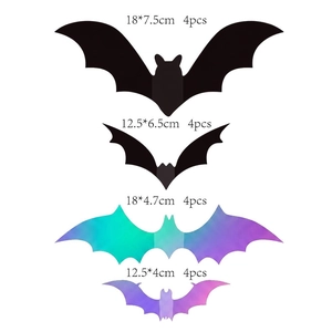 Detail of 3D Halloween bat stickers in black and holographic finishes with size guide